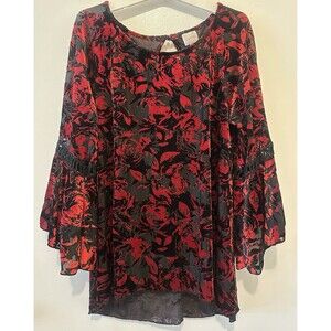 Cupio Women's Burnout Blouse Sz L‎ Velvet Red Black Bell Sleeve Whimsygoth